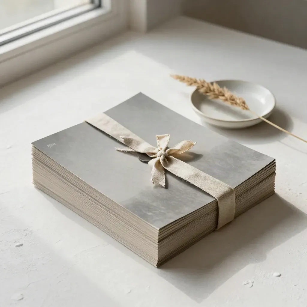 Stack of wildlife print sheets with ribbon, dish, and dried grass on pale plaster