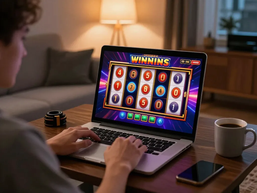Experience slot gacor malam ini as players engage in thrilling online casino gaming at home with vibrant graphics on screen.