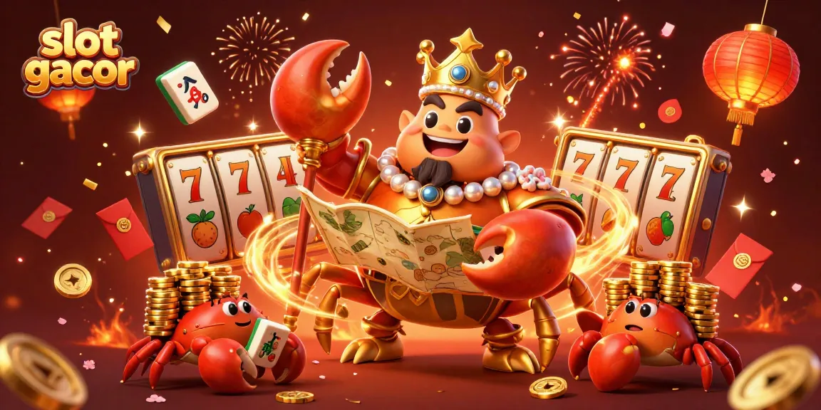Win big with slot gacor in a vibrant 3D cartoon scene featuring a golden crab emperor and festive casino elements