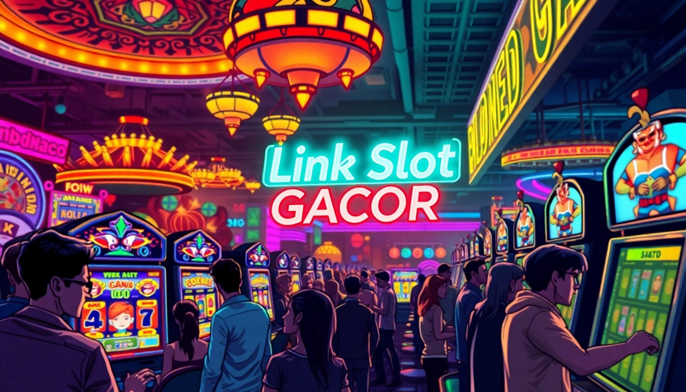 Menampilkan link slot gacor pada papan nama neon di kasino yang ramai.