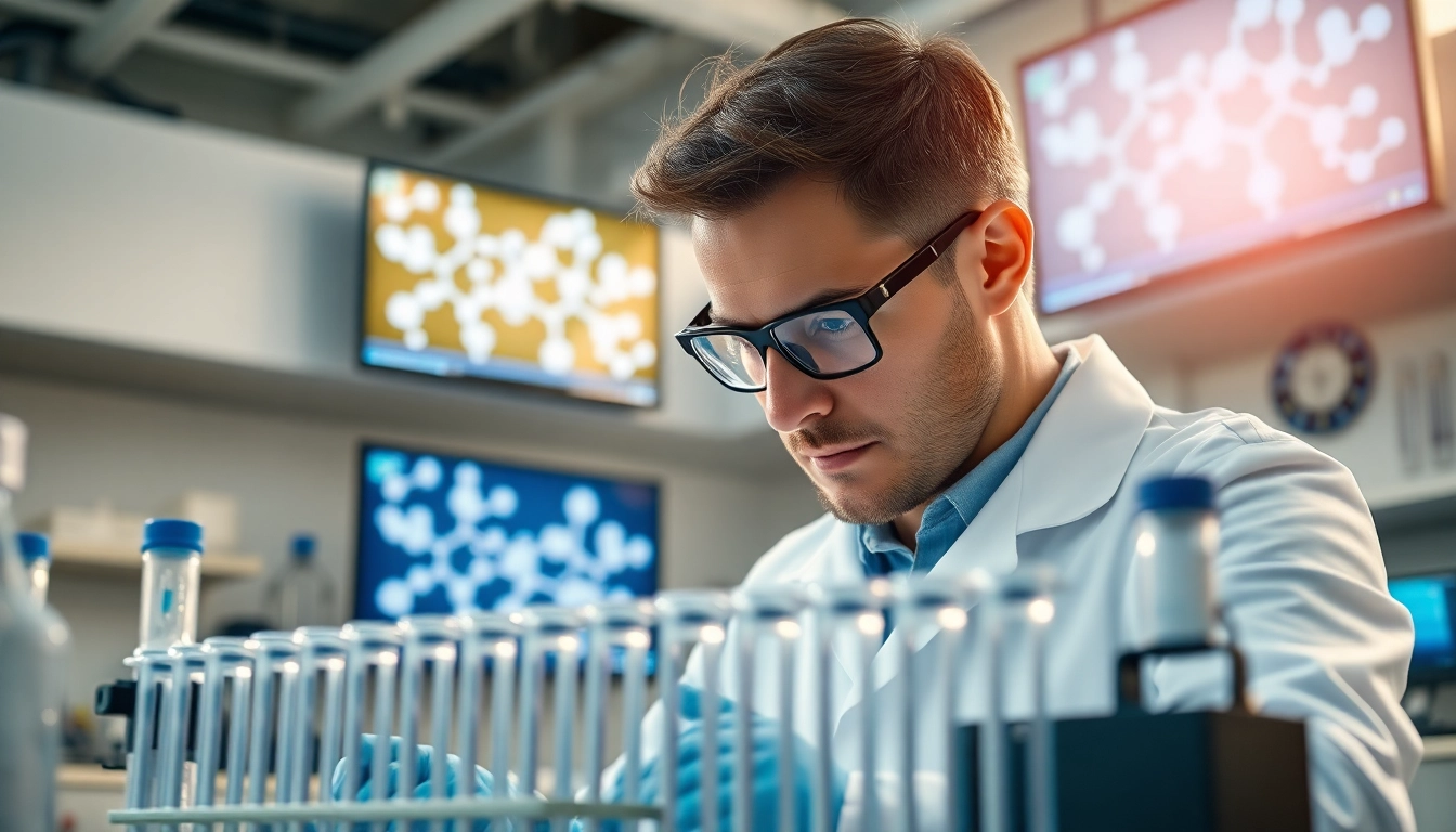 Analyze peptides in a modern lab with a scientist focused on molecular data.