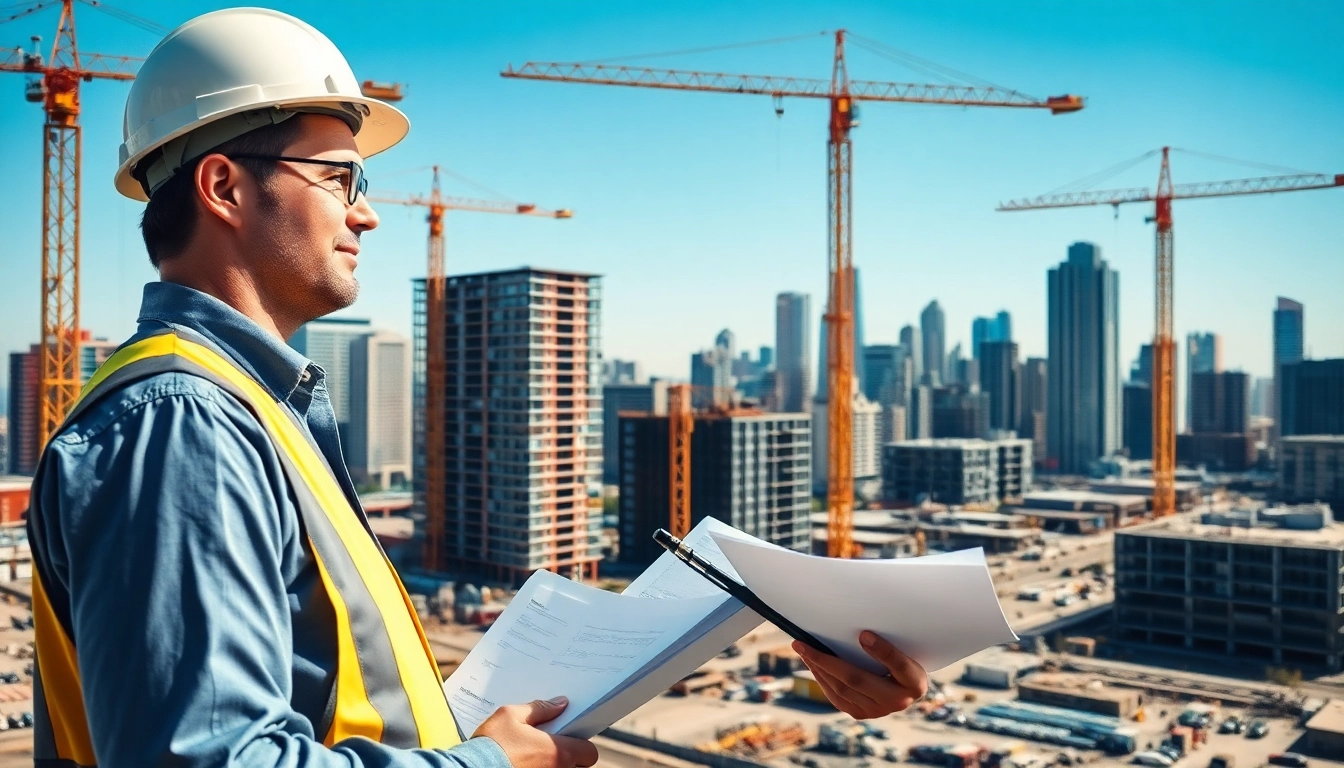 New Jersey Construction Manager overseeing an active site with cranes and urban backdrop.