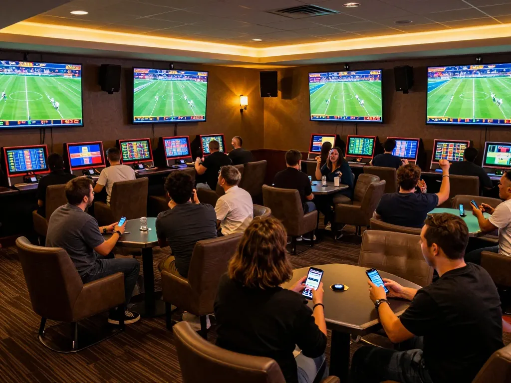 Kèo nhà cái engaging environment with sports enthusiasts cheering while placing bets on their devices.