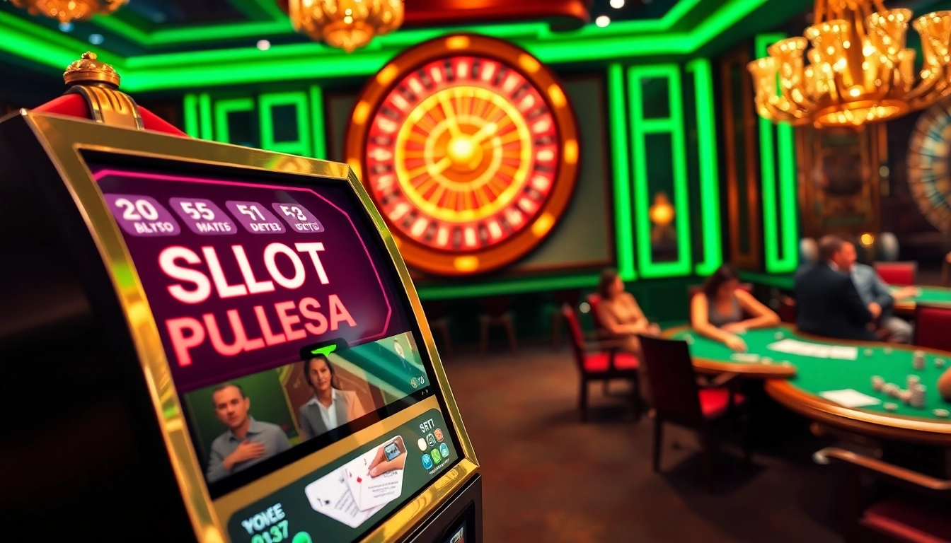 Adegan kasino yang menarik menampilkan permainan slot deposit pulsa dengan meja berwarna-warni dan suasana yang mendebarkan.