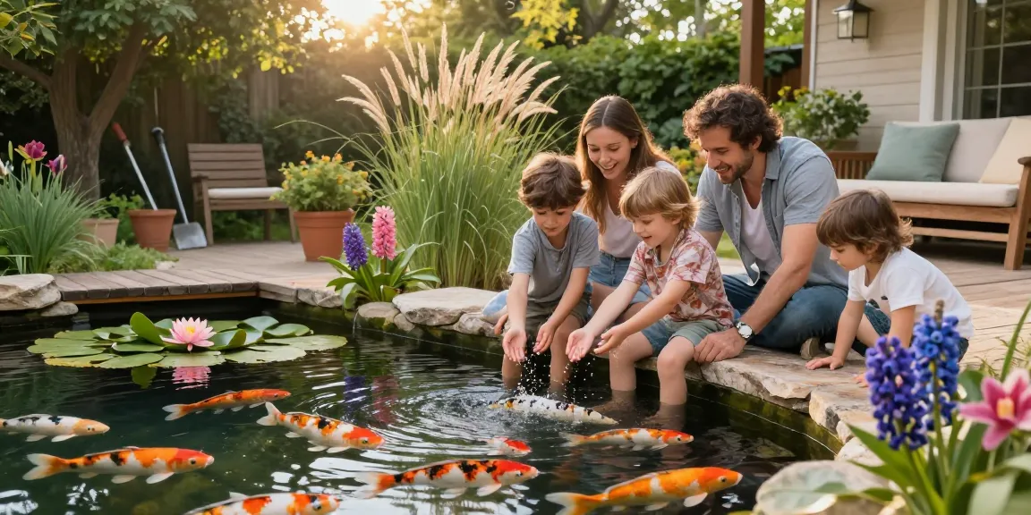 Pond experts guide families enjoying beautiful backyard pond with koi fish and vibrant plants.