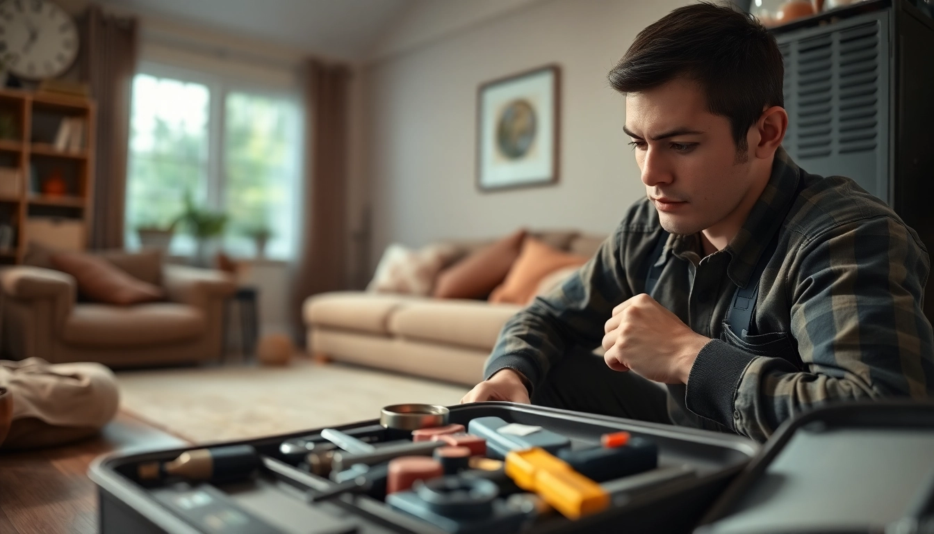 Skilled technician performing heating repair purdys in a cozy home environment.