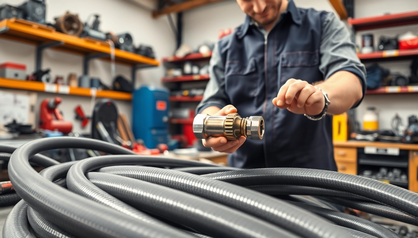 Visualize a hydraulic hose repair in action by a technician, showcasing tools and hoses.