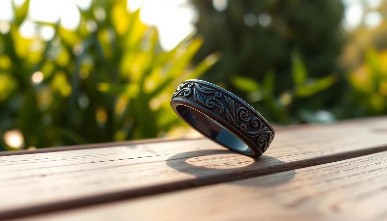Admire the craftsmanship of Black Zirconium Rings featuring vibrant patterns against a natural backdrop.