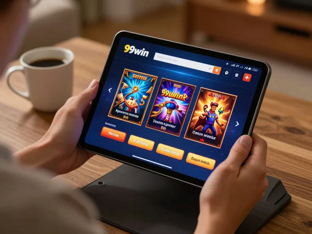 Engaging with the 99win com casino app in a cozy home setting, promoting responsible gaming.