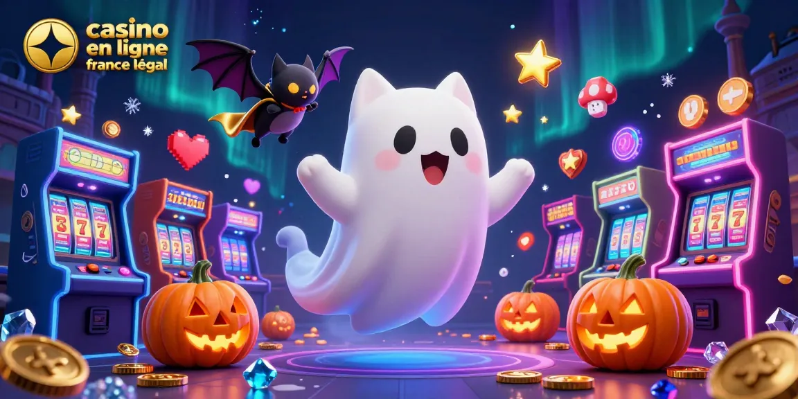 Jouez au casino en ligne France légal avec un chat fantôme flottant et une chauve-souris, entourés de machines à sous.