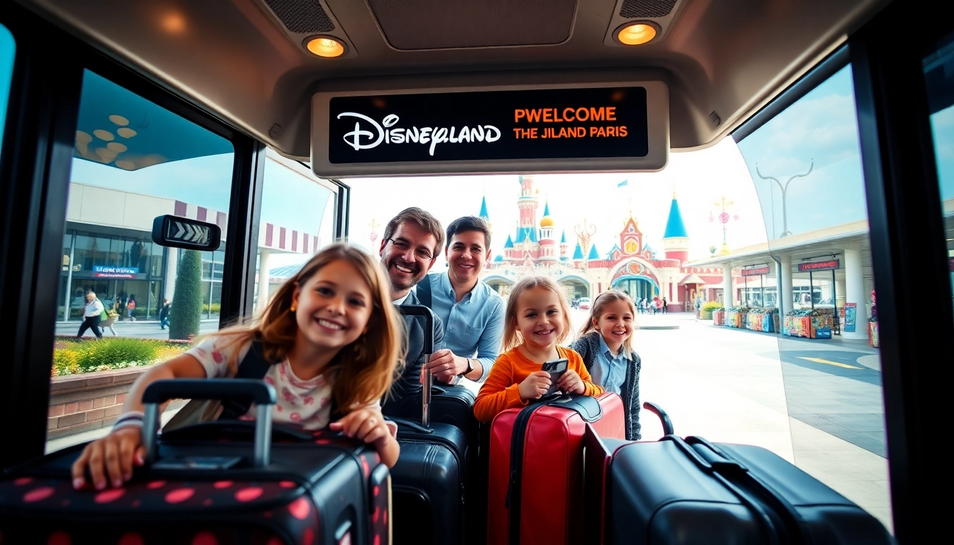 Experience Disneyland Paris airport transfer services with a family boarding a shuttle bus excitedly.