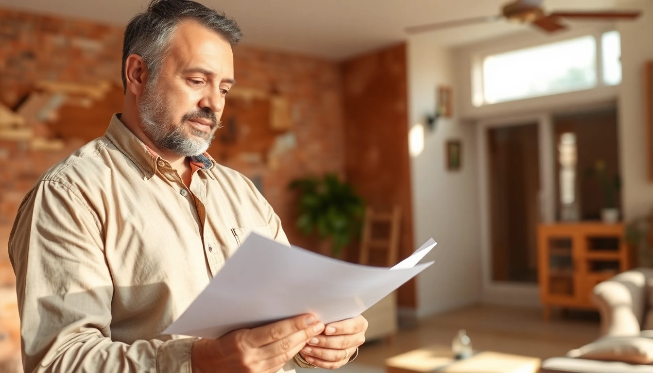 Adjuster evaluating Property Insurance Claims in a damaged home environment.