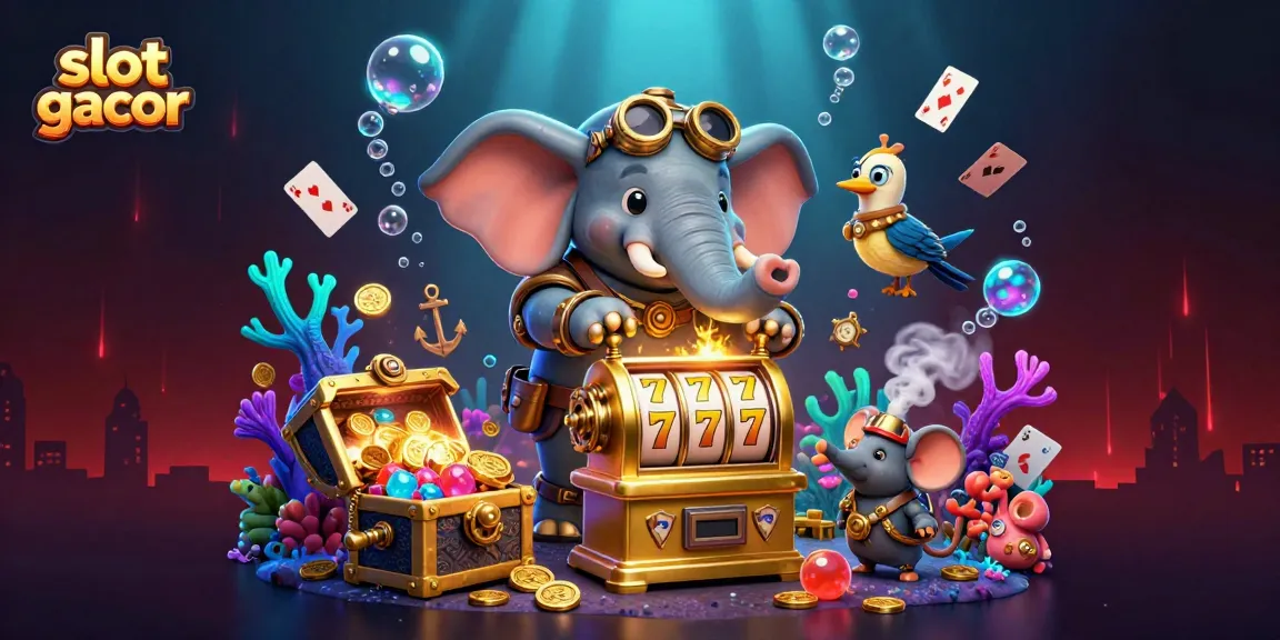 Permainan slot gacor dengan mesin slot yang megah dikelilingi harta karun, koin emas, dan permainan kartu mengalir.