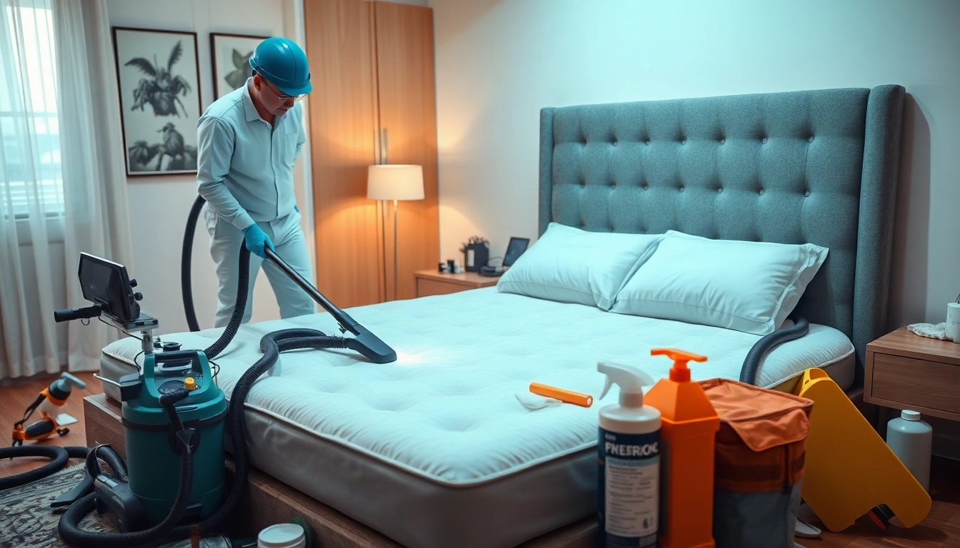 Professional bed bug removal process showing an exterminator treating a mattress
