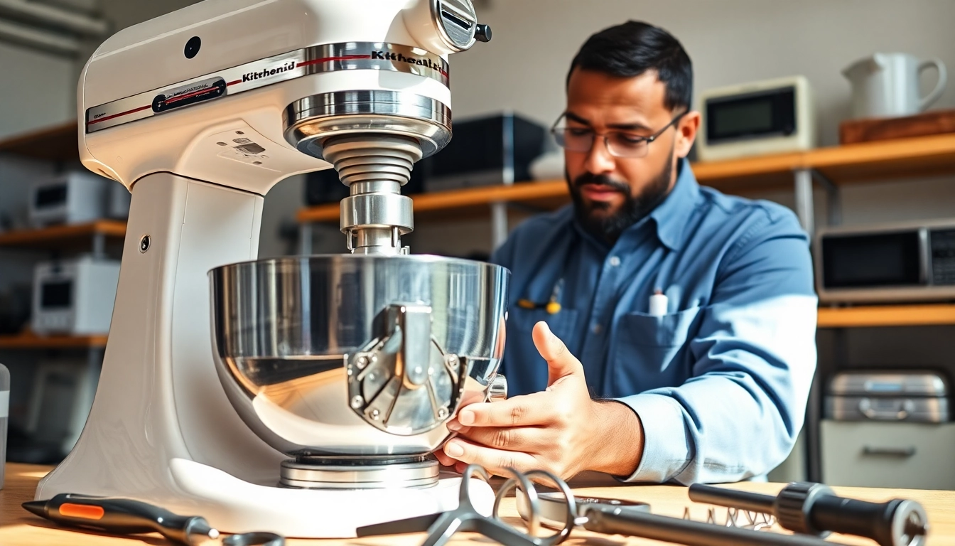Kitchenaid appliance repair Ottawa by a technician in a modern workshop setting.