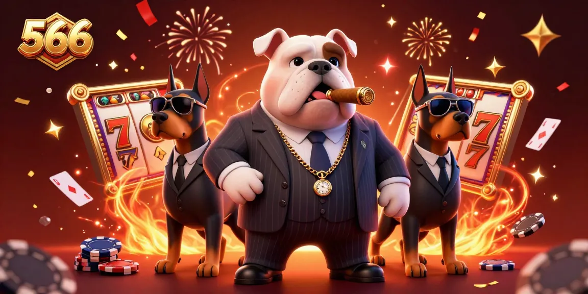 Experience thrilling gameplay at 566 with a vibrant casino scene featuring a mafia bulldog and dynamic elements.