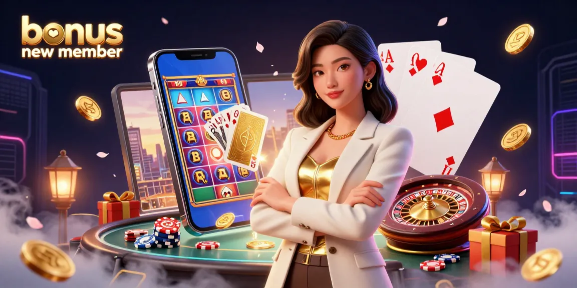 Engage with the bonus new member promotional scene showcasing a glamorous woman in a casino setting with dynamic game elements.