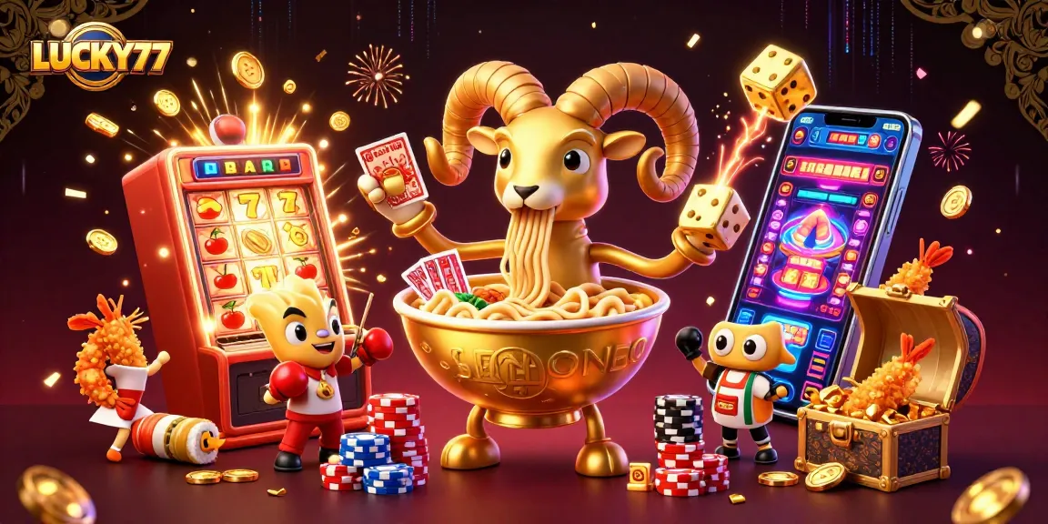 LUCKY77 showcases a vibrant casino scene with animated characters winning in a thrilling jackpot.