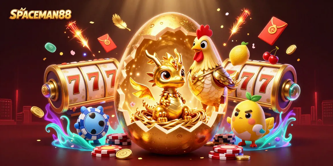 Win big at SPACEMAN88 with a golden dragon revealing casino treasures amidst vibrant gaming elements.