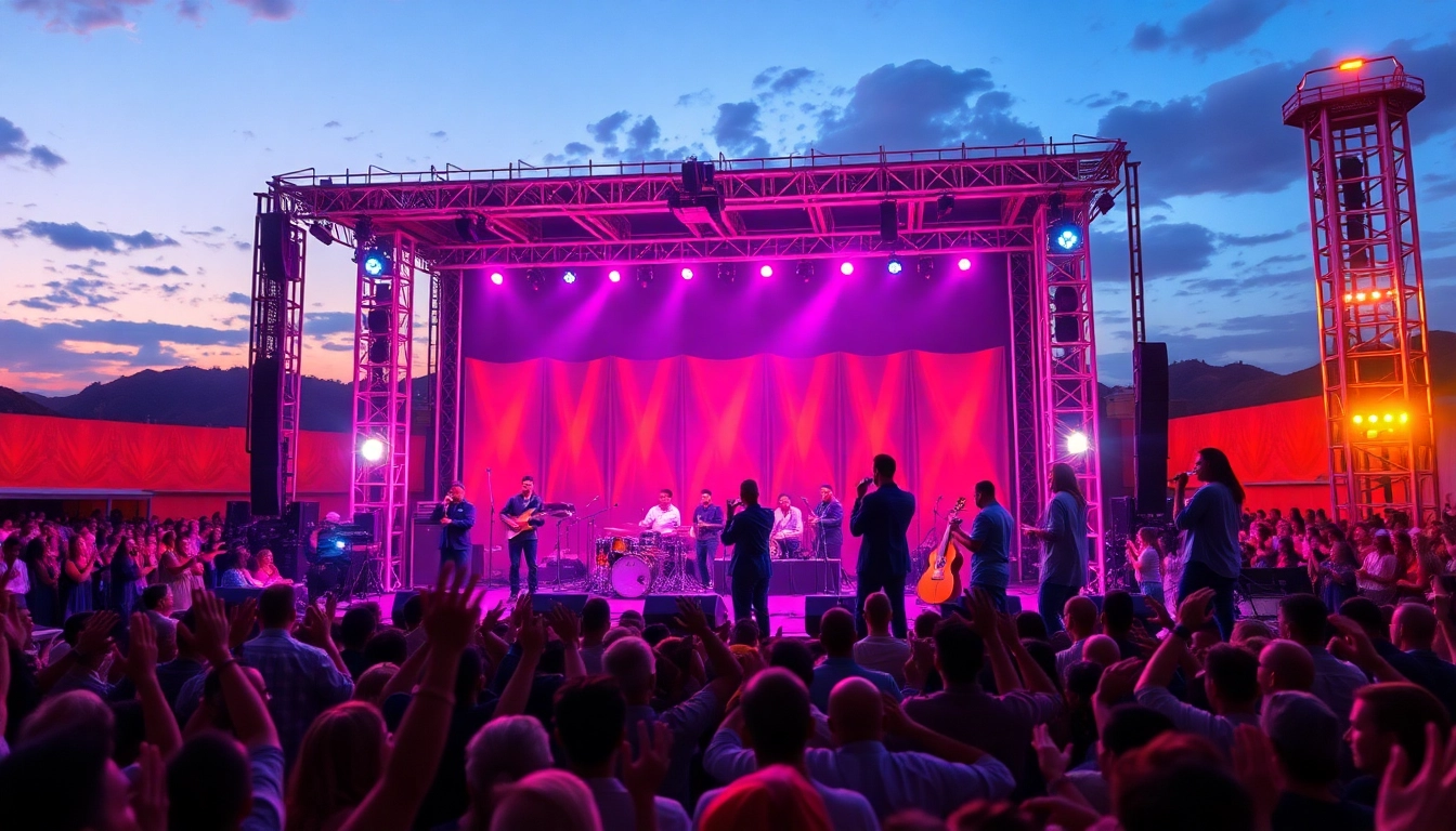 Kora live concert with musicians performing energetically under colorful lights.