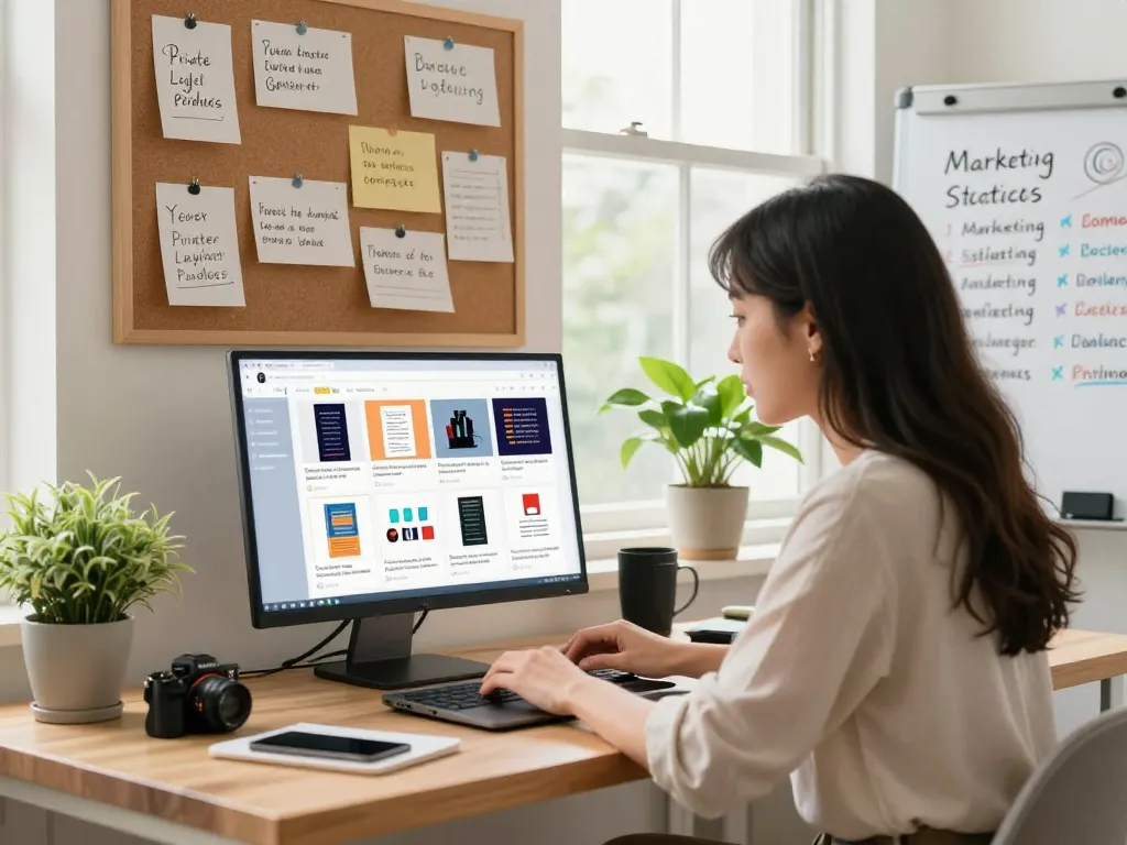 Buy Private Label Rights Products in a bright home office, showcasing an entrepreneur browsing digital product options on her laptop.