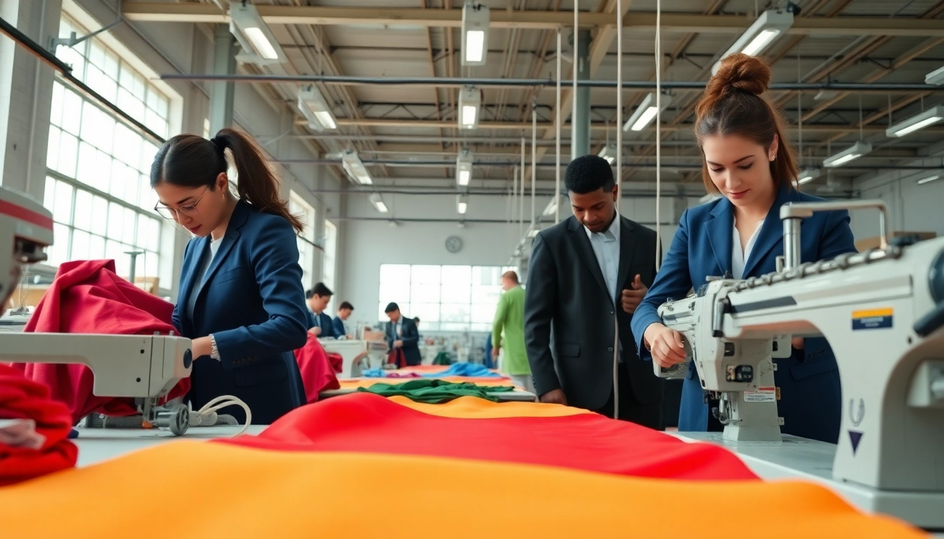 Apparel Manufacturer showcasing skilled artisans crafting stylish blazers in a bright workshop.