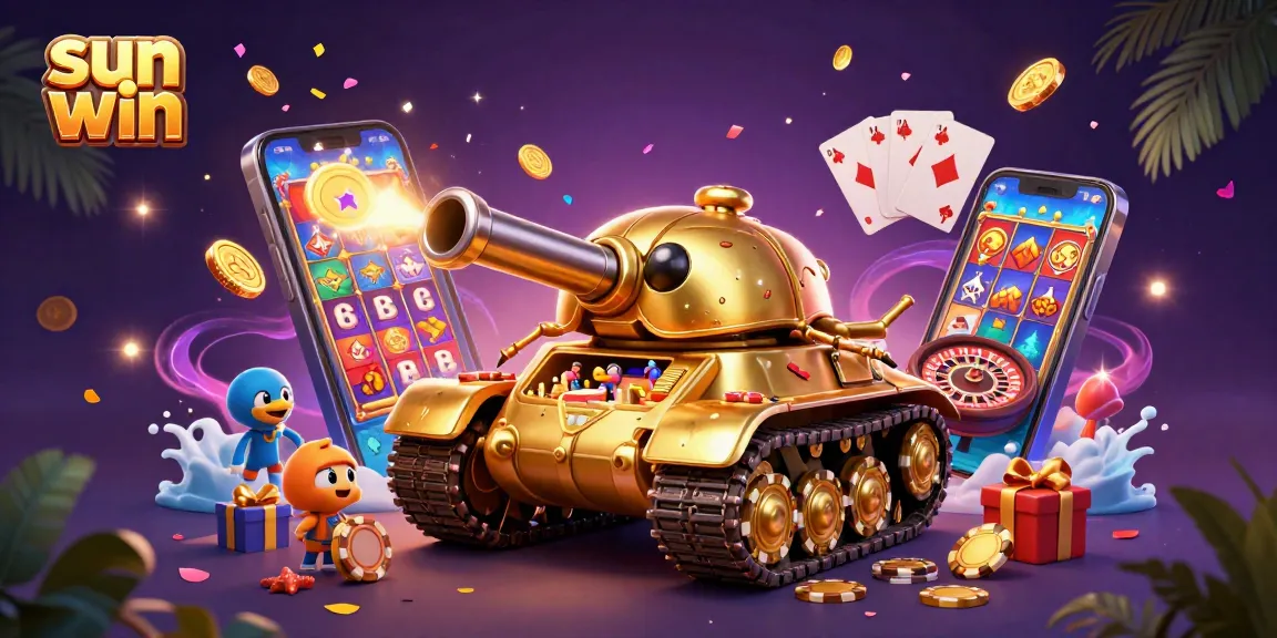 Experience thrilling slots and games in the sun win-themed golden casino tank illustration.