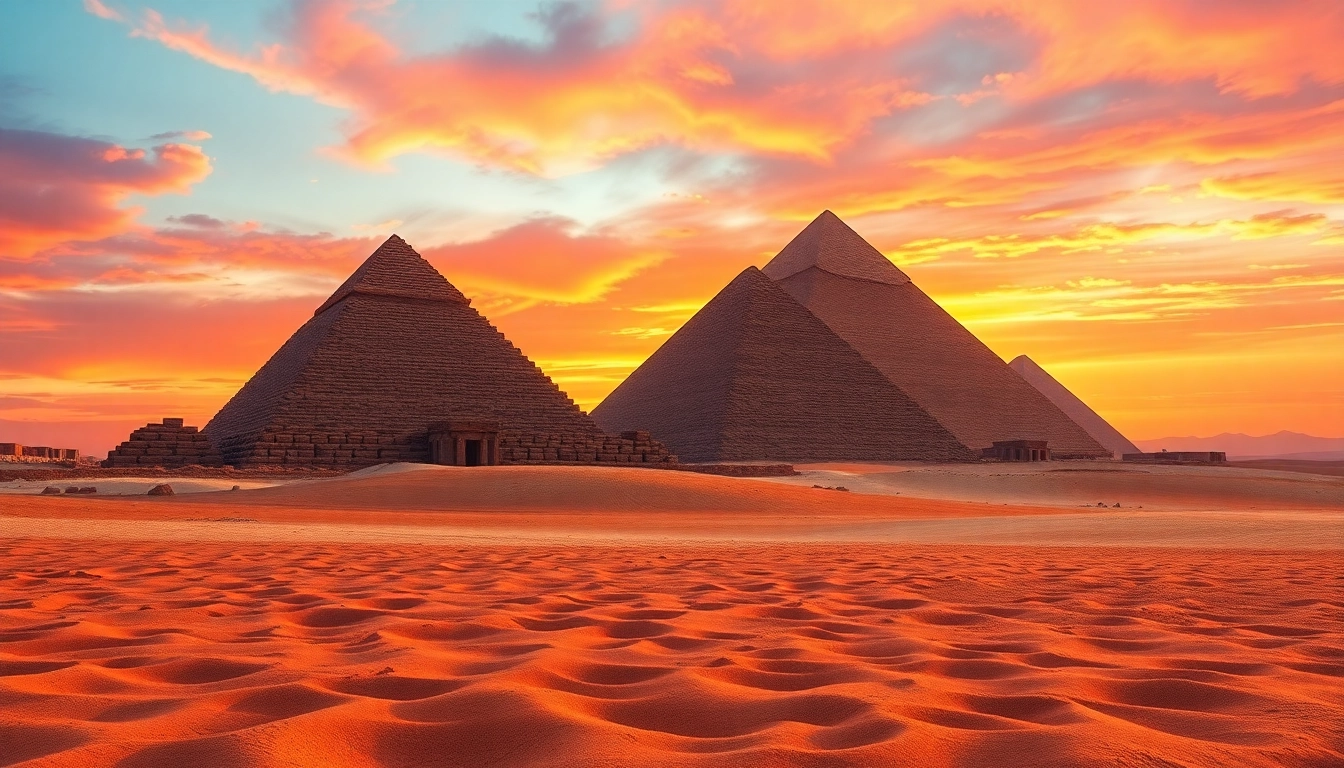 Pyraminds majestic view against a colorful sunset highlighting their ancient grandeur.