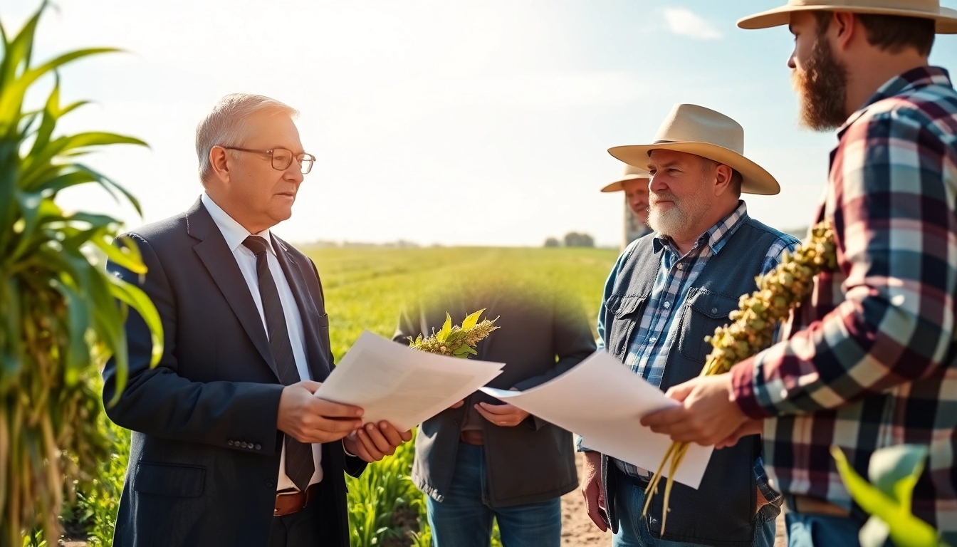 Navigating agriculture law with a lawyer and farmers in a vibrant farm setting, highlighting collaboration.