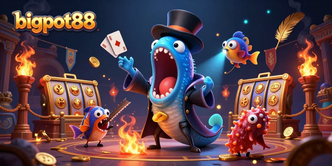 bigpot88 showcases a thrilling casino magic act with vibrant 3D sea characters, card tricks, and slot reels.