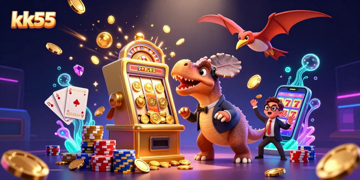 kk55 jackpot scene with a dinosaur headbutting a slot machine, coins cascading everywhere