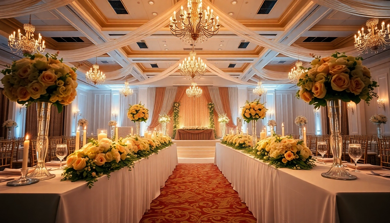 Romantischer Hochzeitssaal mit festlicher Dekoration und warmem Licht.