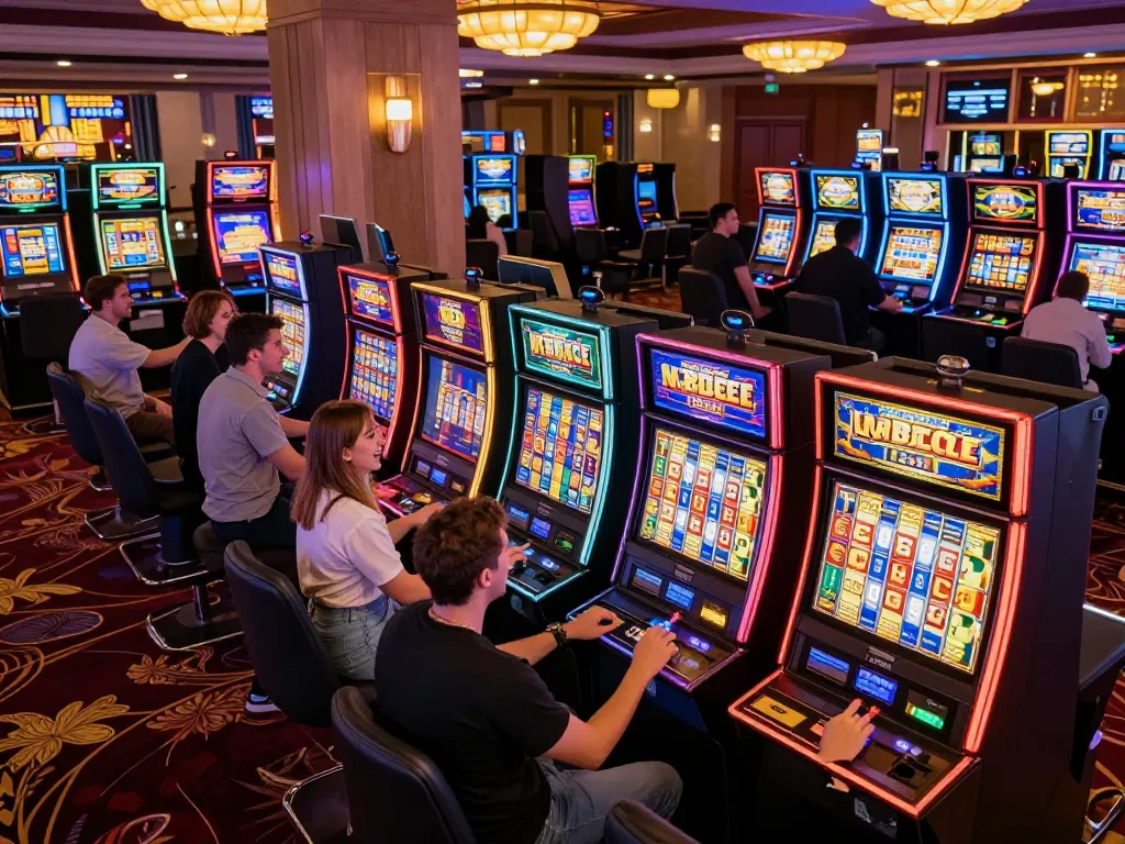 Players engaging in slot bet 100 with excitement on colorful machines in a vibrant casino environment.