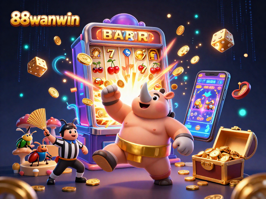 Experience thrilling jackpots and lively games with 88wanwin's colorful illustration of casino excitement.