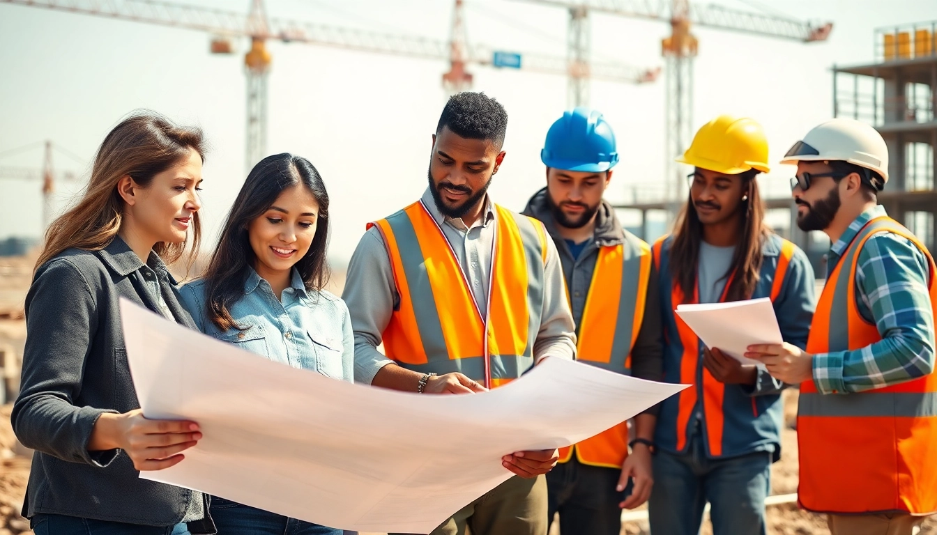Careers in construction depict a diverse team collaborating on a vibrant building site.