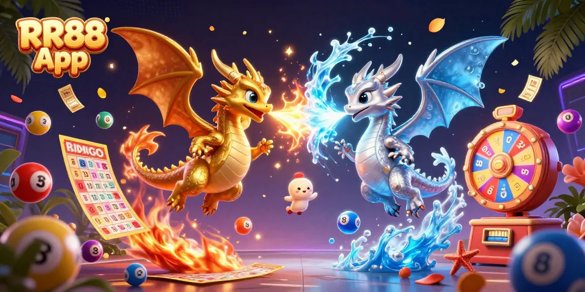 Engage with the RR88 App featuring golden and silver dragons amidst exciting lottery elements.