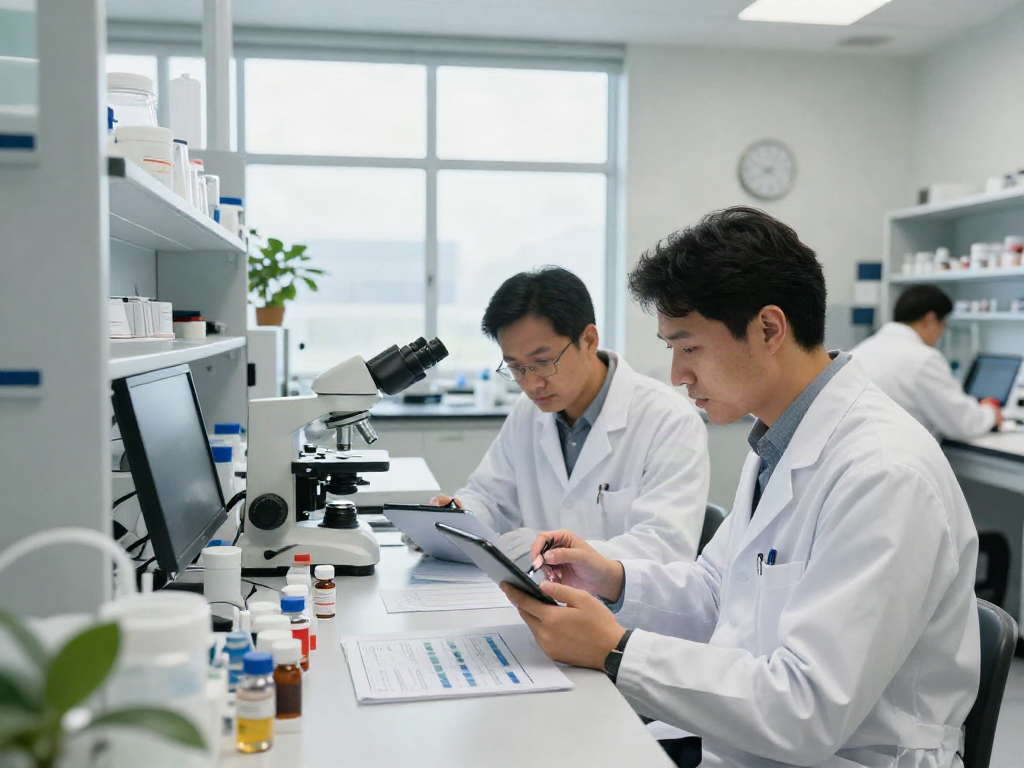 Tirzepatide research California in a clinical lab, scientists collaborating over data and research.