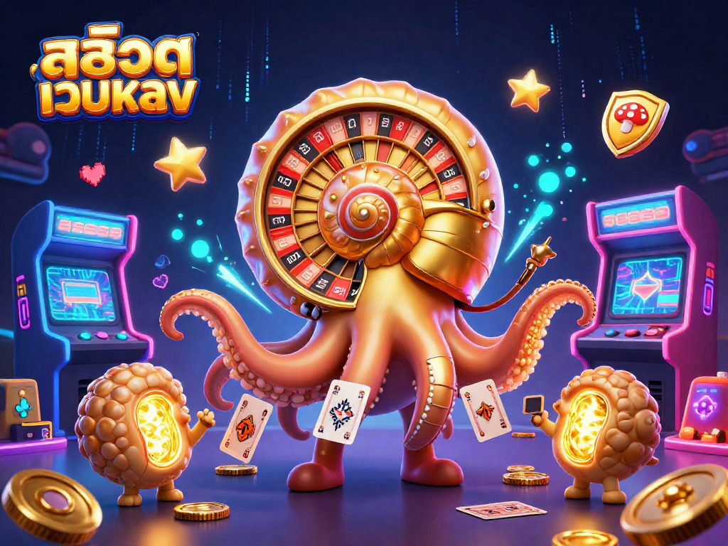 Engage with สล็อตเว็บตรง through vibrant 3D imagery featuring a nautilus-roulette and glowing cards.