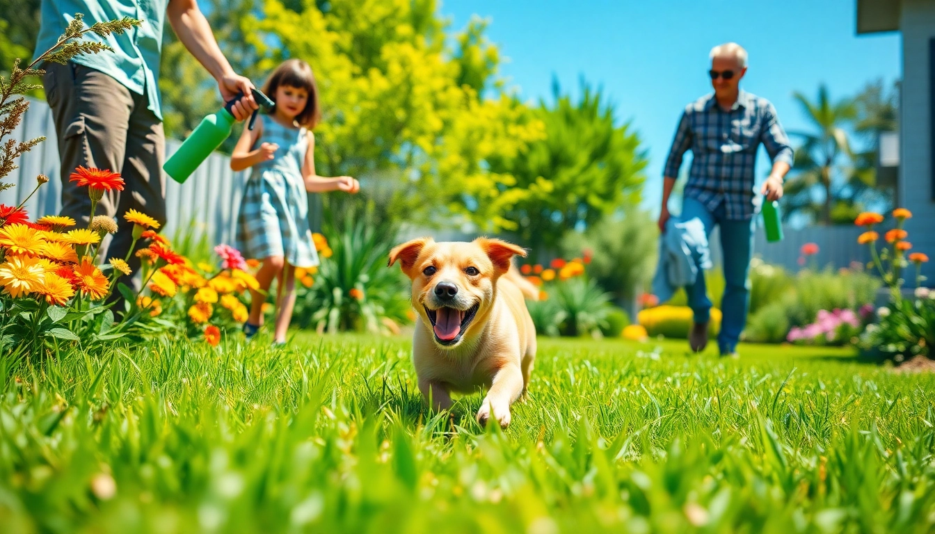 Family using pet safe insect control in a sunny backyard with a happy dog.