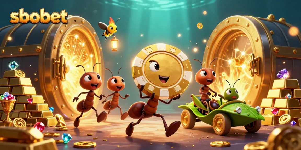 Experience sbobet gaming excitement with ants on a heist for golden poker chips in a vibrant casino scene.