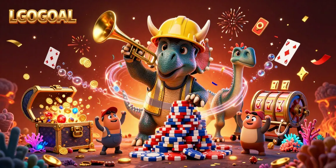 Experience the excitement of LGOGOAL with a lively scene of gambling characters building poker chips and celebrating wins amidst colorful gaming elements.
