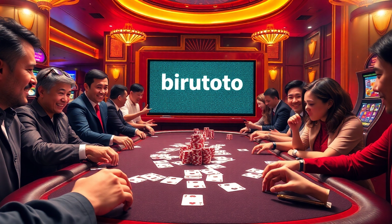 Engage in a thrilling poker game at a casino featuring birutoto themed displays and vibrant atmosphere.