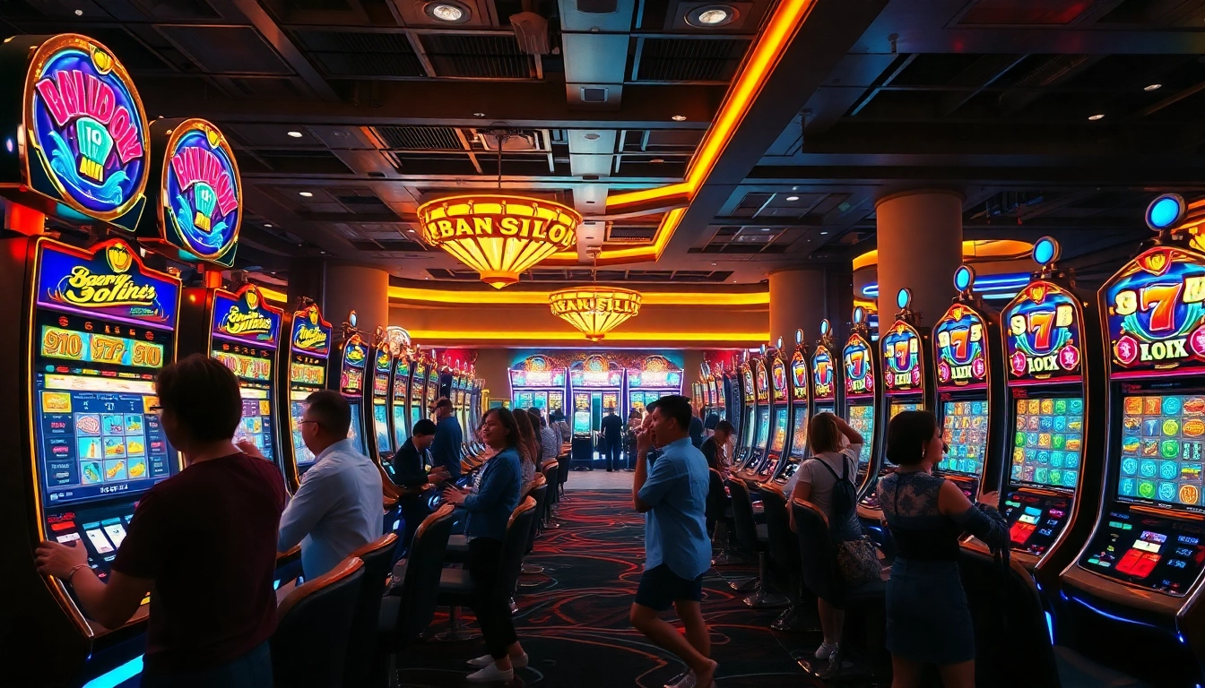 Menampilkan pengalaman menarik bandar bola slot dengan mesin slot dan pemain antusias.