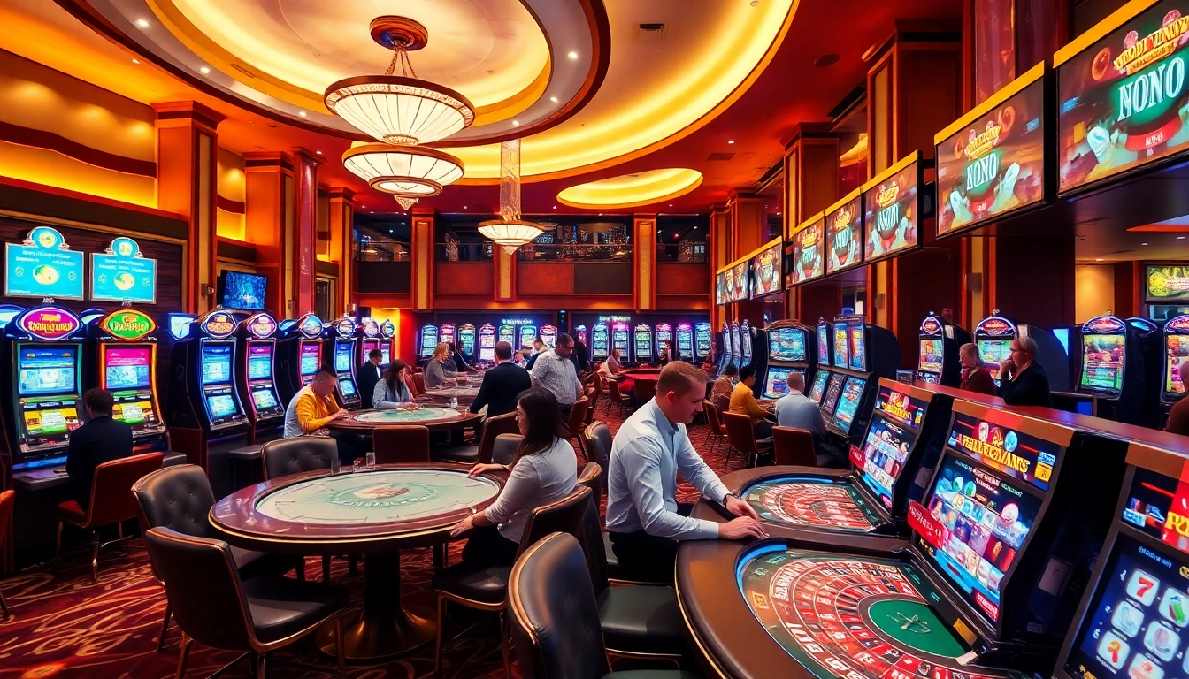 Explore the lively atmosphere of a Non gamstop casino with players engaged in various games.