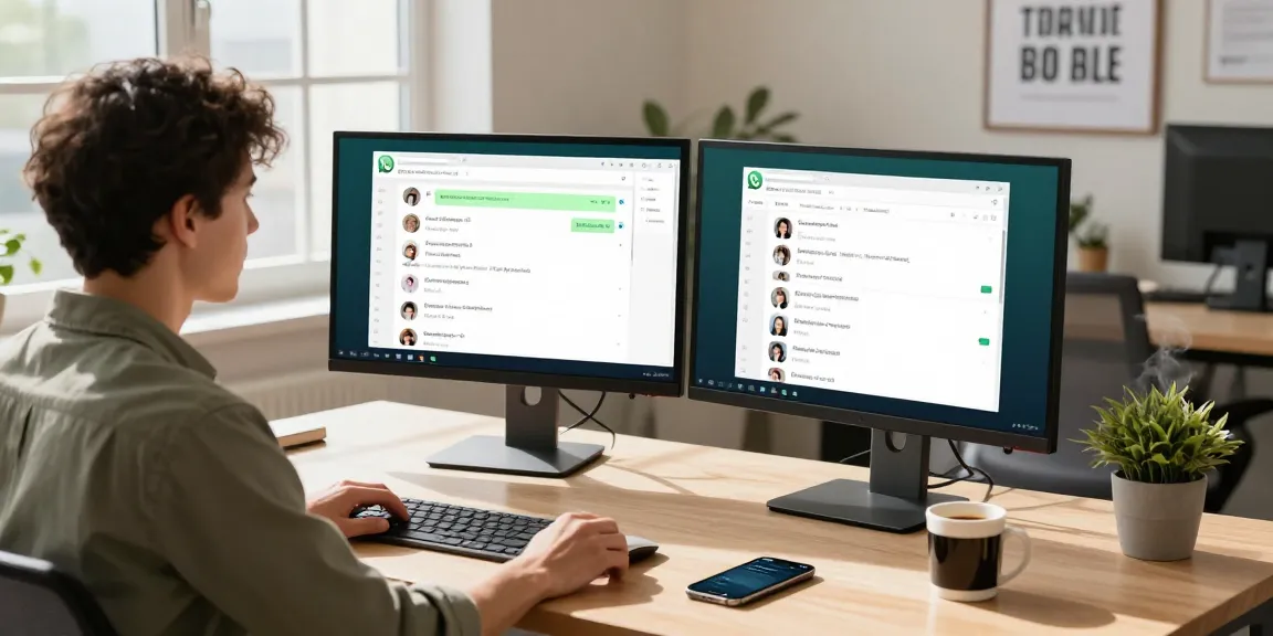 Engaging modern workspace for WhatsApp電腦版 featuring dual monitors and a professional at a desk.