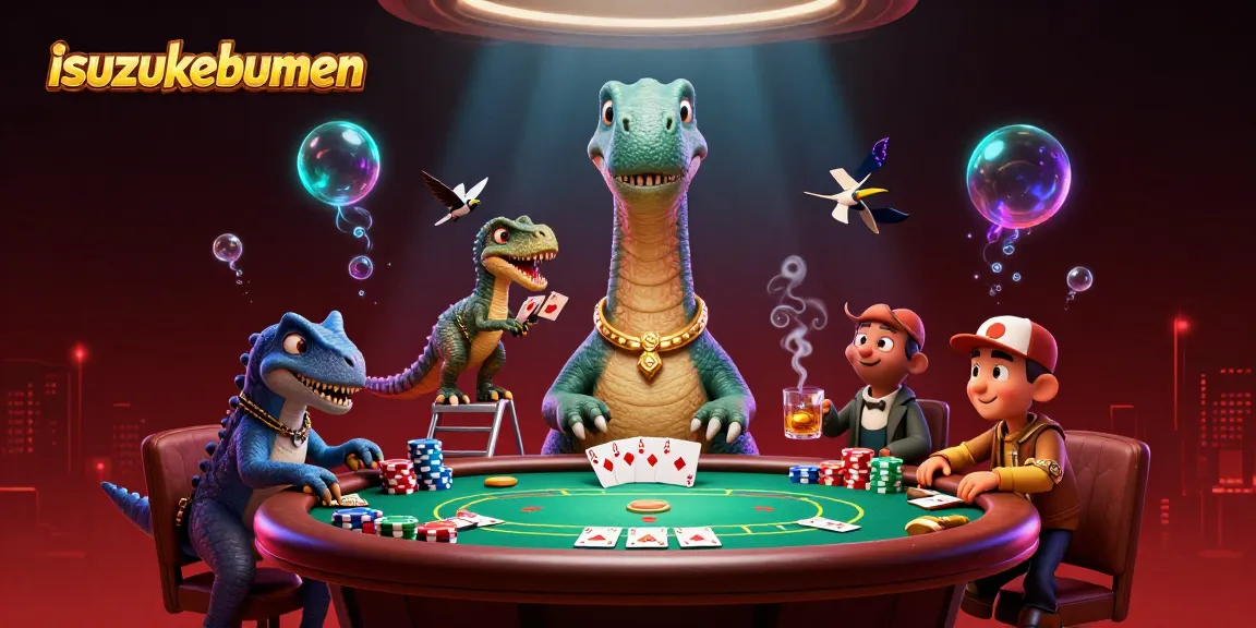 Experience thrilling gameplay with isuzukebumen as cartoon dinosaurs engage in a lively poker game.