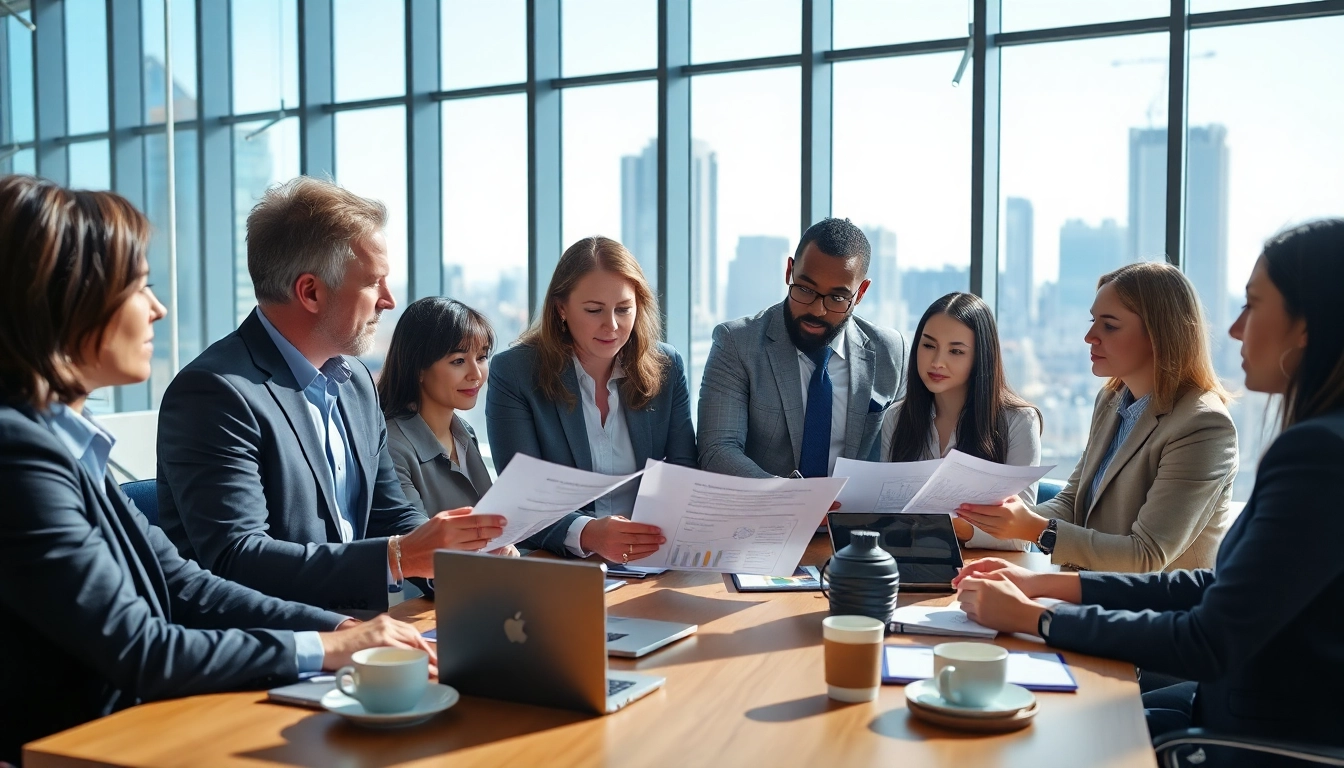 Collaborating professionals reviewing federal and state contracts in a modern office setting.