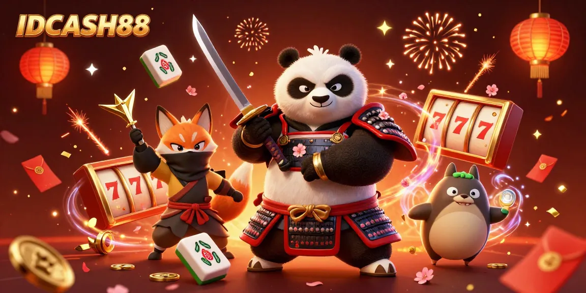 Play slots and win with IDCASH88, as a fierce samurai panda and ninja fox join in 3D celebration.