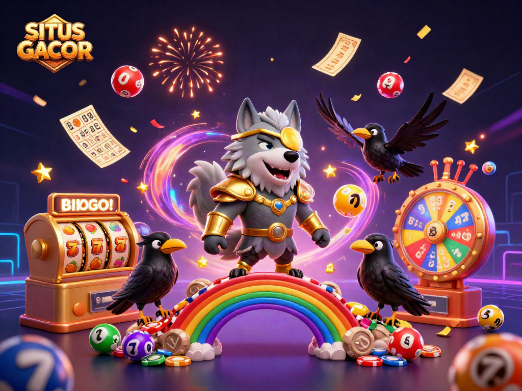 SITUS GACOR brings a vibrant 3D casino scene with colorful lottery balls, slot reels, and dynamic celebratory elements.