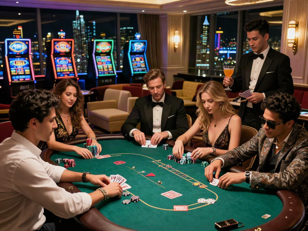 Pengunjung terlibat dalam permainan poker di Situs LUXURY111 yang mewah dengan suasana yang meriah.